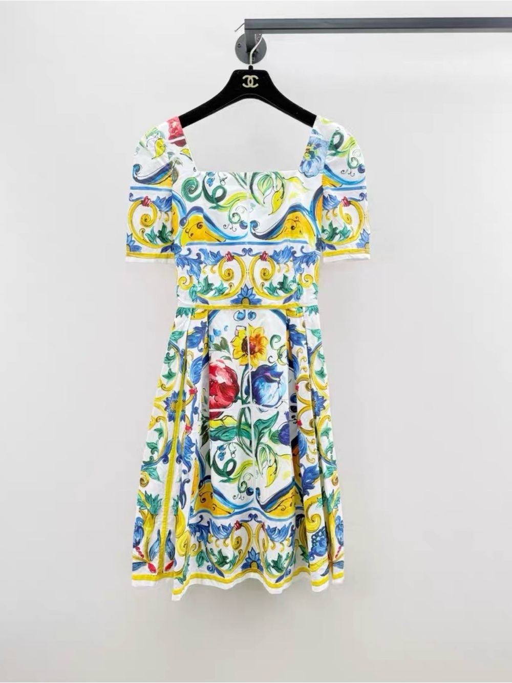 Dolce & Gabbana White Multi Floral Baroque-Print Square-Neck Midi Dress
